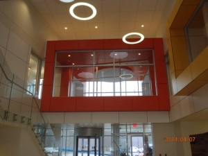 Colored Trespa panels in lobby